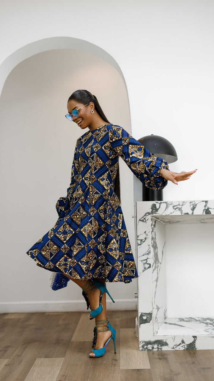 TITI AFRICAN PRINT PUFF SLEEVE DRESS [BLUE]