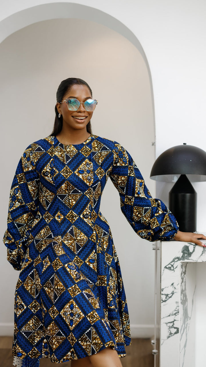 TITI AFRICAN PRINT PUFF SLEEVE DRESS [BLUE]