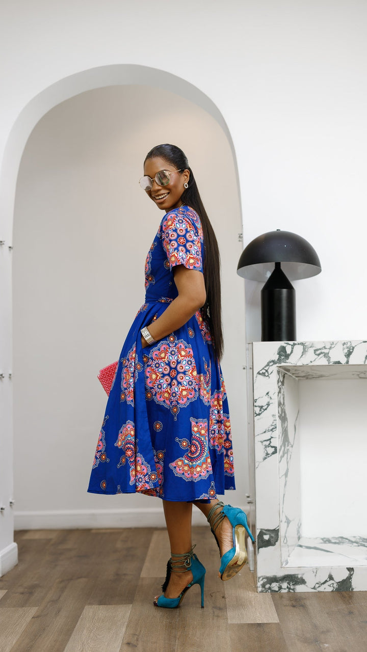 LOLADE AFRICAN PRINT FLORAL DRESS [BLUE]