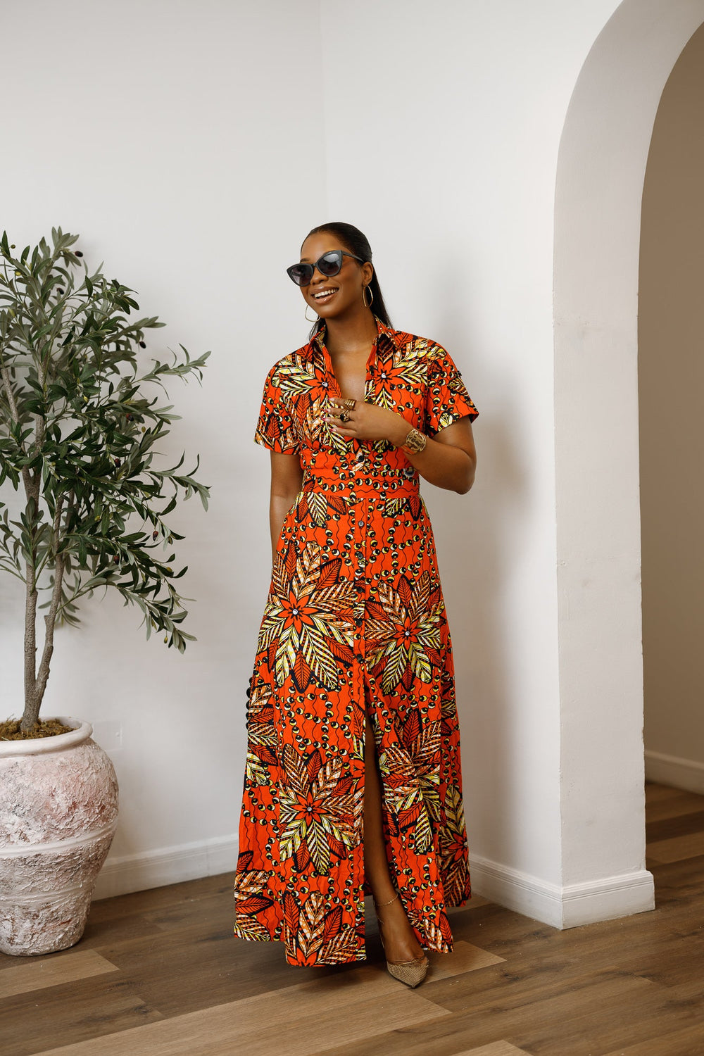 NANNY AFRICAN PRINT MAXI A - LINE SHIRT DRESS [ORANGE] - Especially Yours