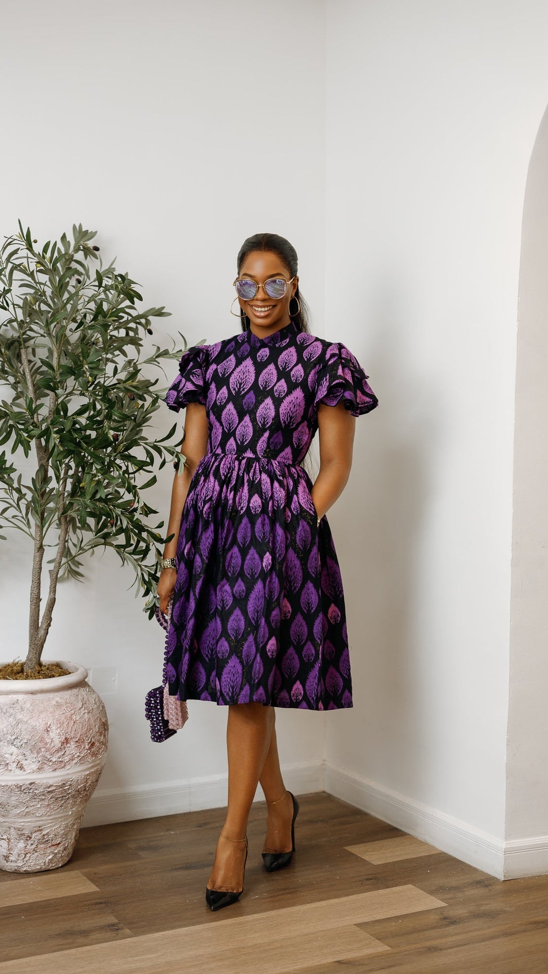 VALERIE AFRICAN PRINT HIGH NECK MIDI DRESS [PURPLE]