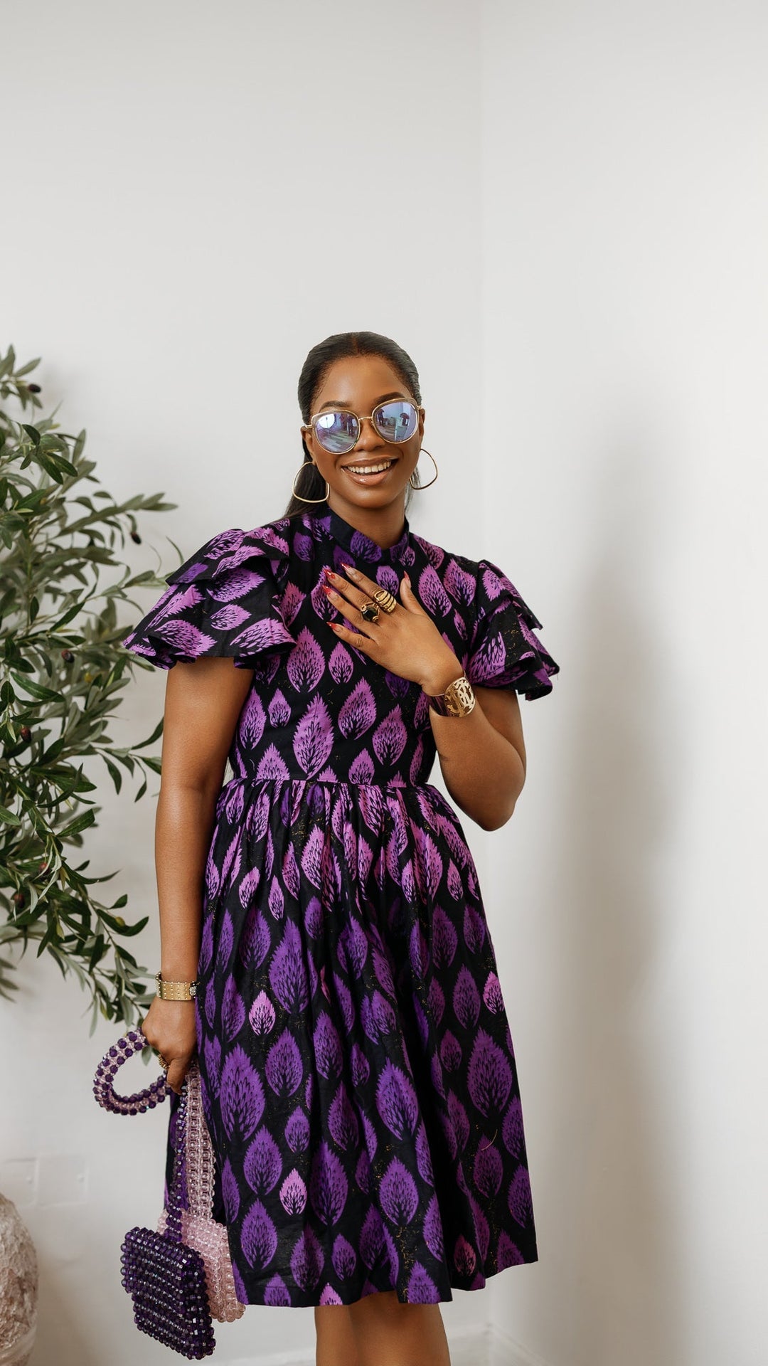 VALERIE AFRICAN PRINT HIGH NECK MIDI DRESS [PURPLE]