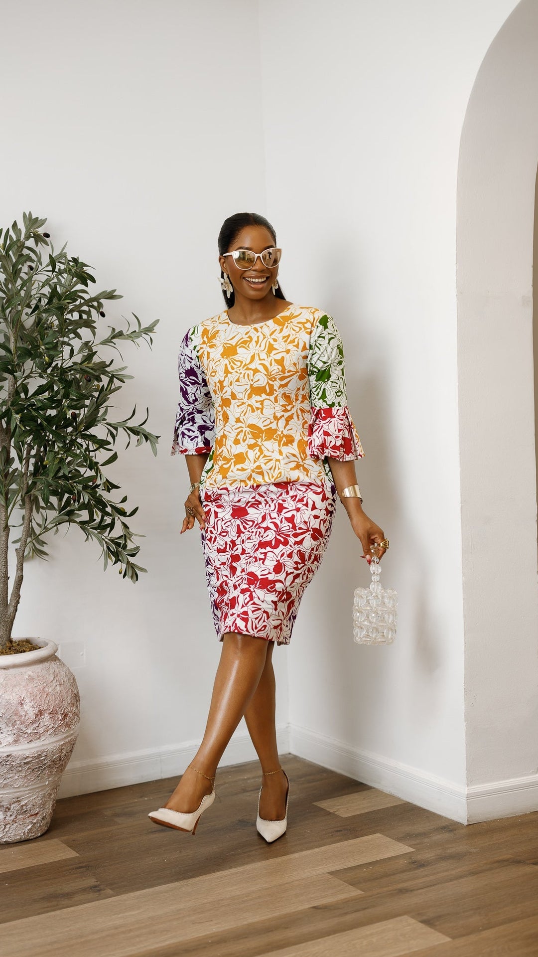 TASSI AFRICAN PRINT BELL SLEEVE MIDI DRESS