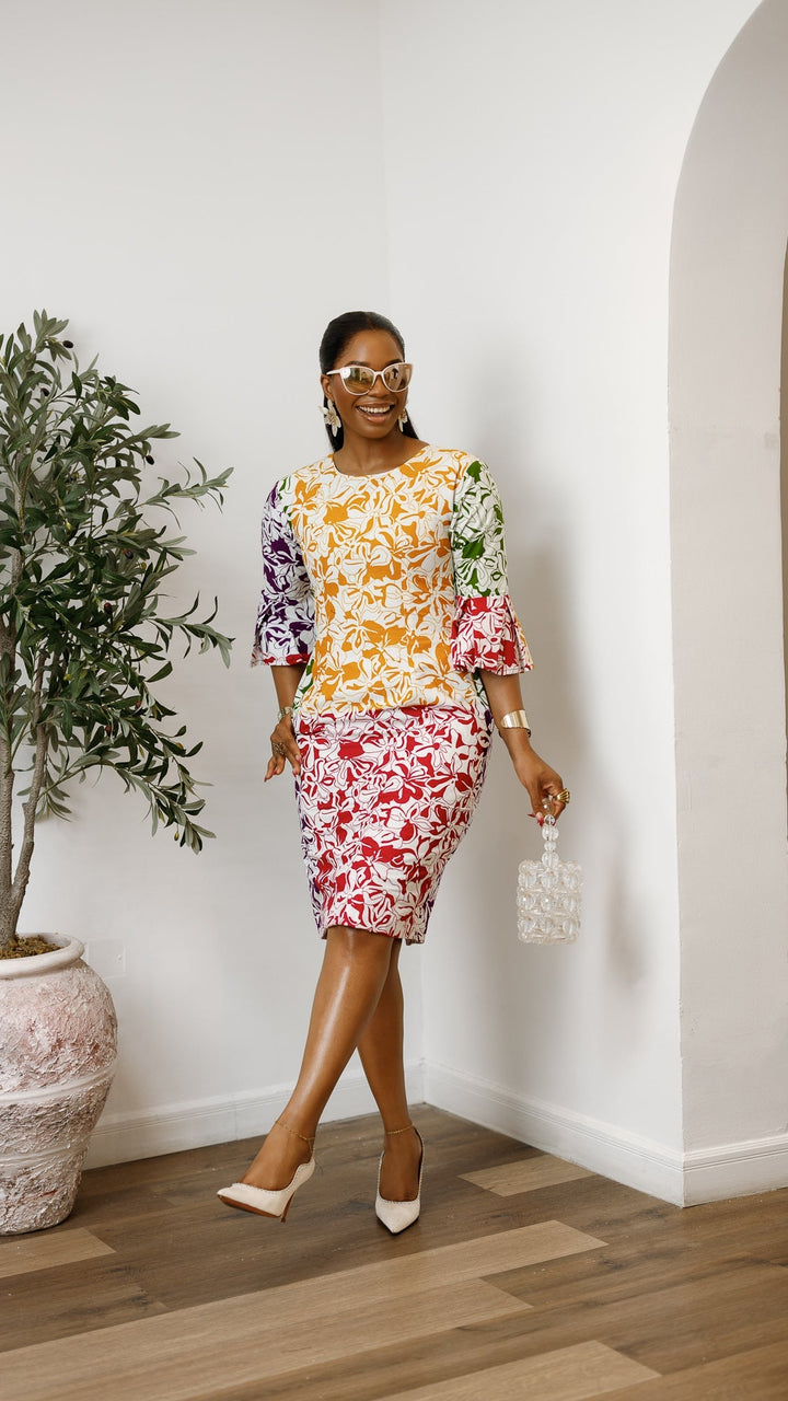 TASSI AFRICAN PRINT BELL SLEEVE MIDI DRESS