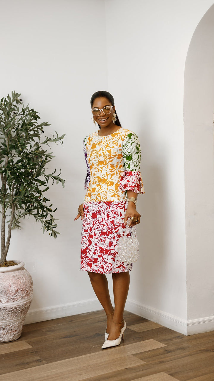 TASSI AFRICAN PRINT BELL SLEEVE MIDI DRESS