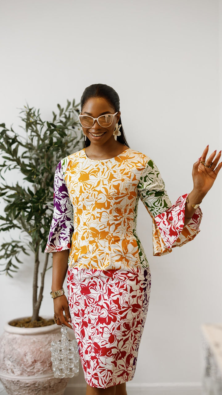 TASSI AFRICAN PRINT BELL SLEEVE MIDI DRESS