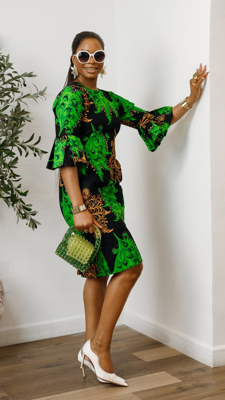 TASSI AFRICAN PRINT BELL SLEEVE MIDI DRESS [GREEN]
