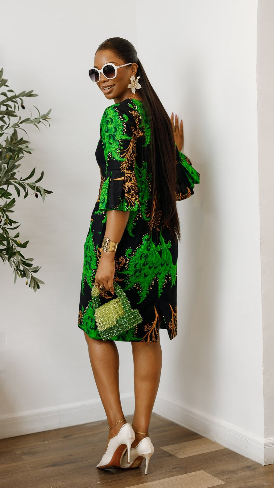 TASSI AFRICAN PRINT BELL SLEEVE MIDI DRESS [GREEN]