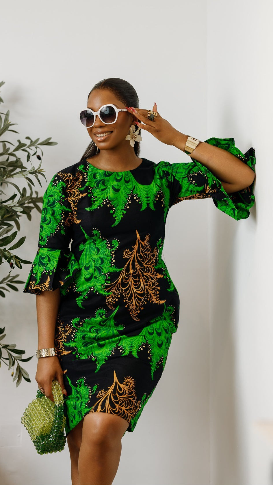 TASSI AFRICAN PRINT BELL SLEEVE MIDI DRESS [GREEN]