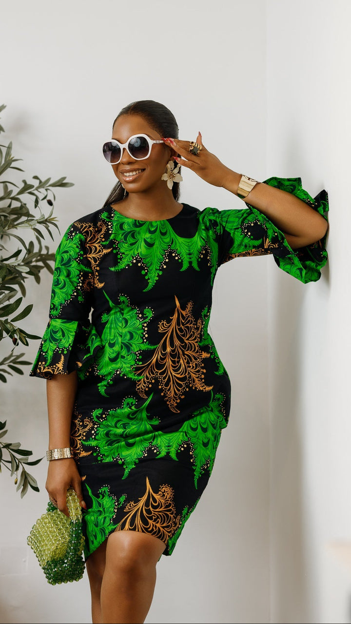 TASSI AFRICAN PRINT BELL SLEEVE MIDI DRESS [GREEN]