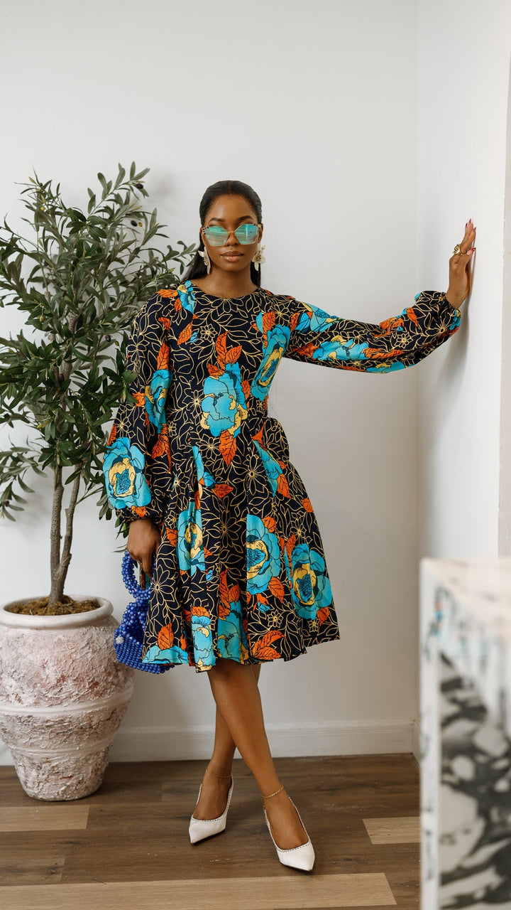 TITI AFRICAN PRINT PUFF SLEEVE DRESS [FLORAL]