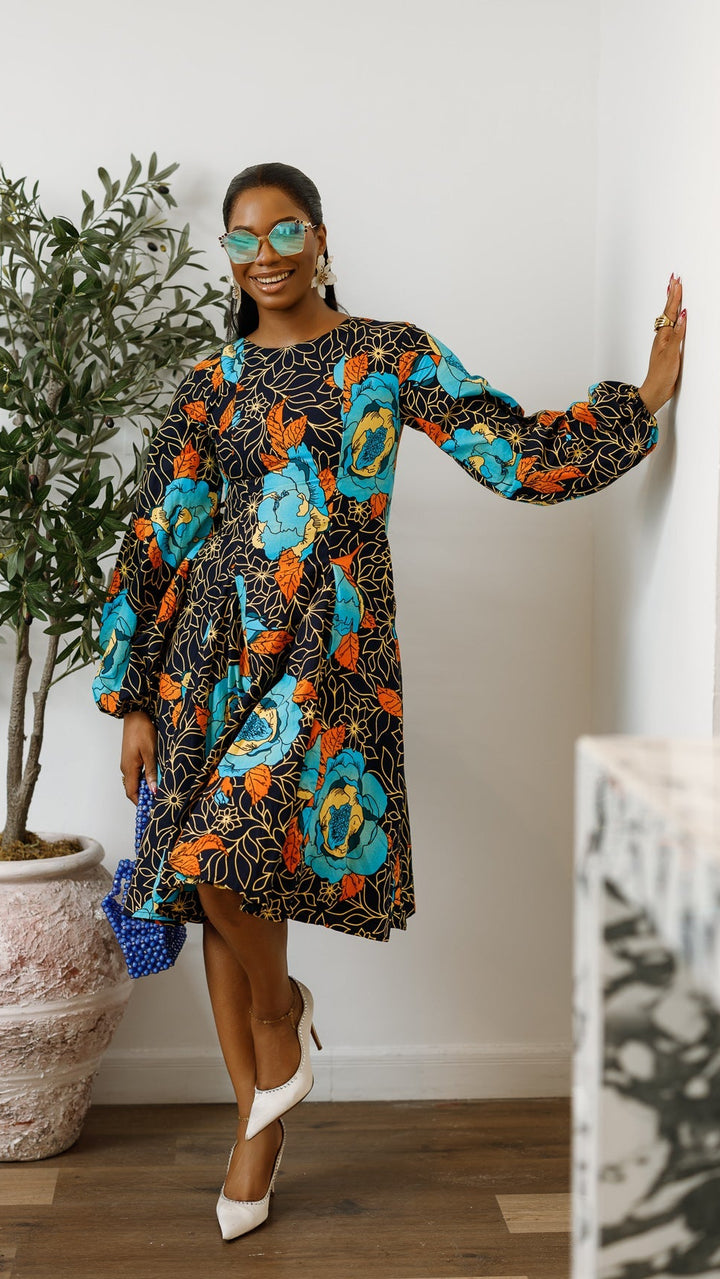 TITI AFRICAN PRINT PUFF SLEEVE DRESS [FLORAL]