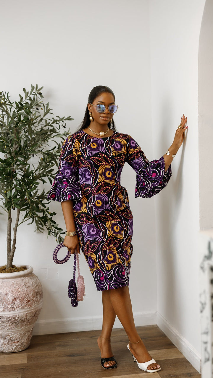 TASSI AFRICAN PRINT BELL SLEEVE MIDI DRESS [PURPLE]