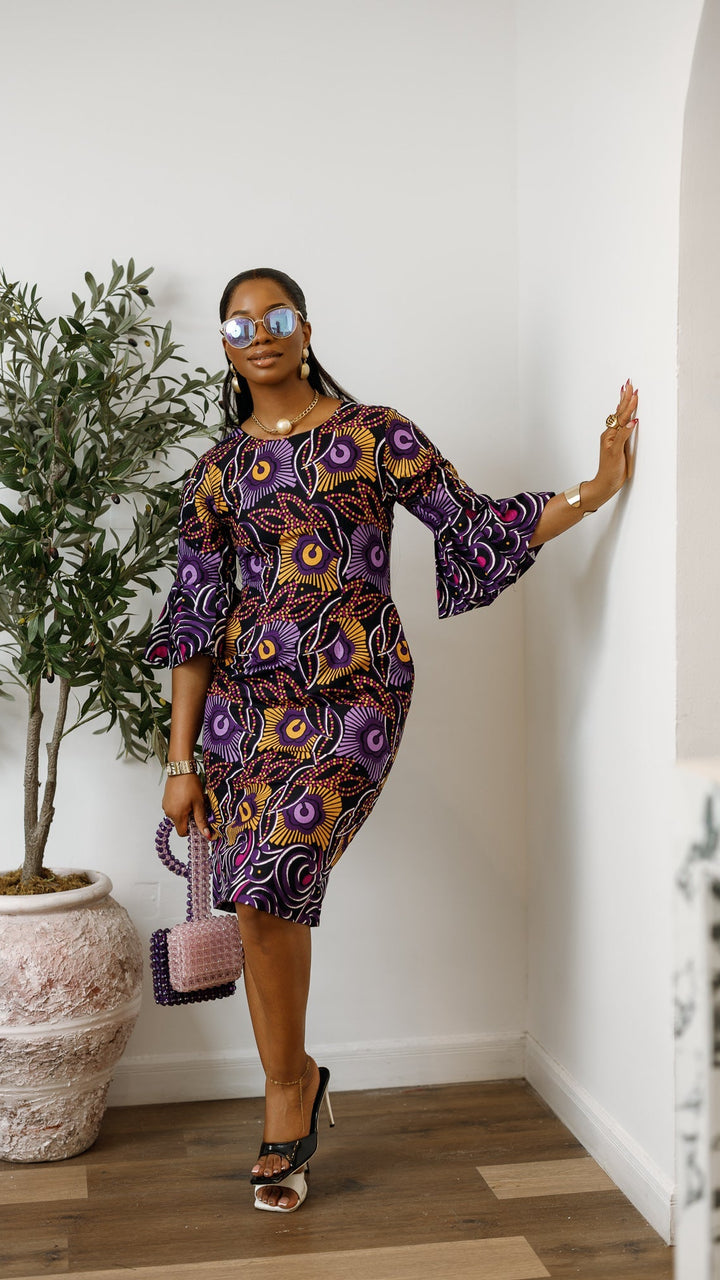 TASSI AFRICAN PRINT BELL SLEEVE MIDI DRESS [PURPLE]