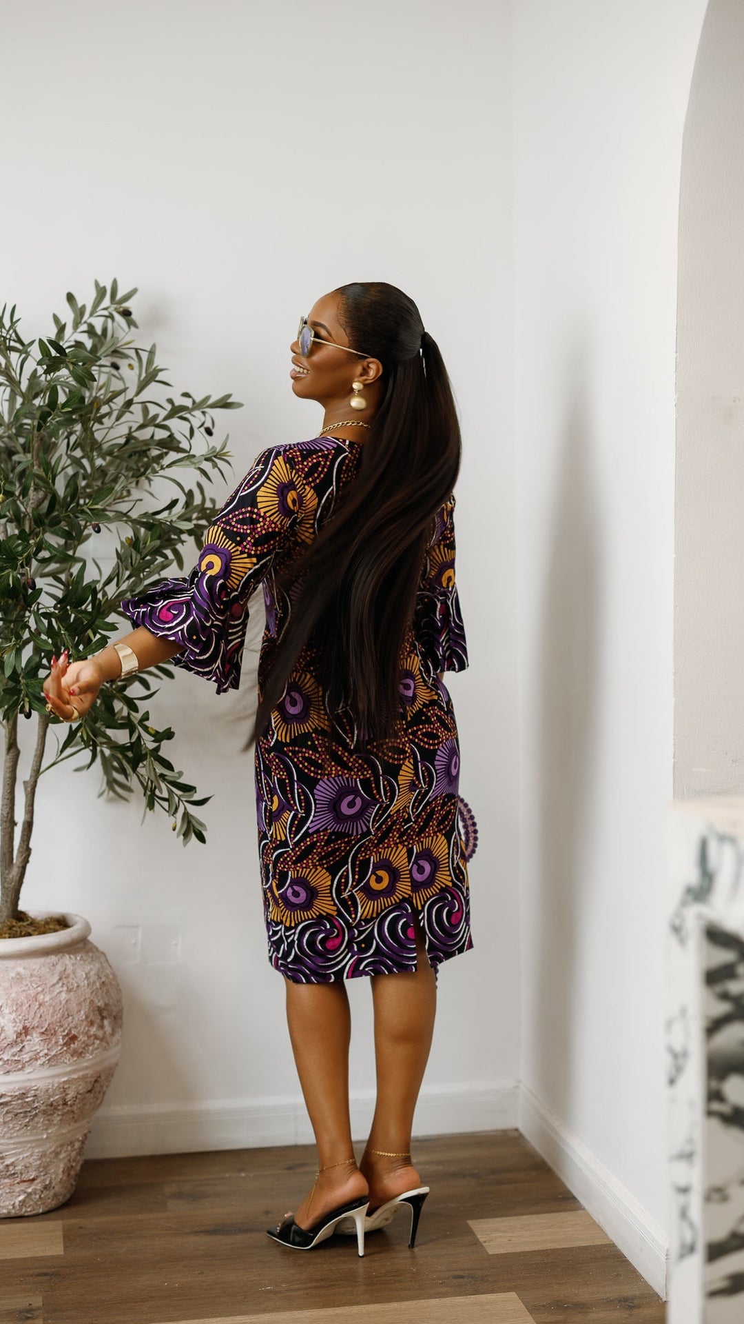 TASSI AFRICAN PRINT BELL SLEEVE MIDI DRESS [PURPLE]