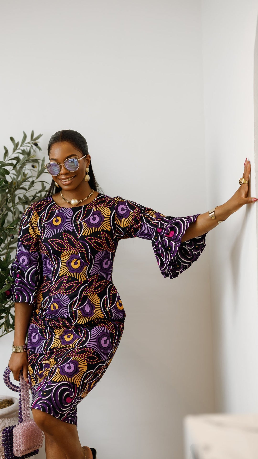 TASSI AFRICAN PRINT BELL SLEEVE MIDI DRESS [PURPLE]