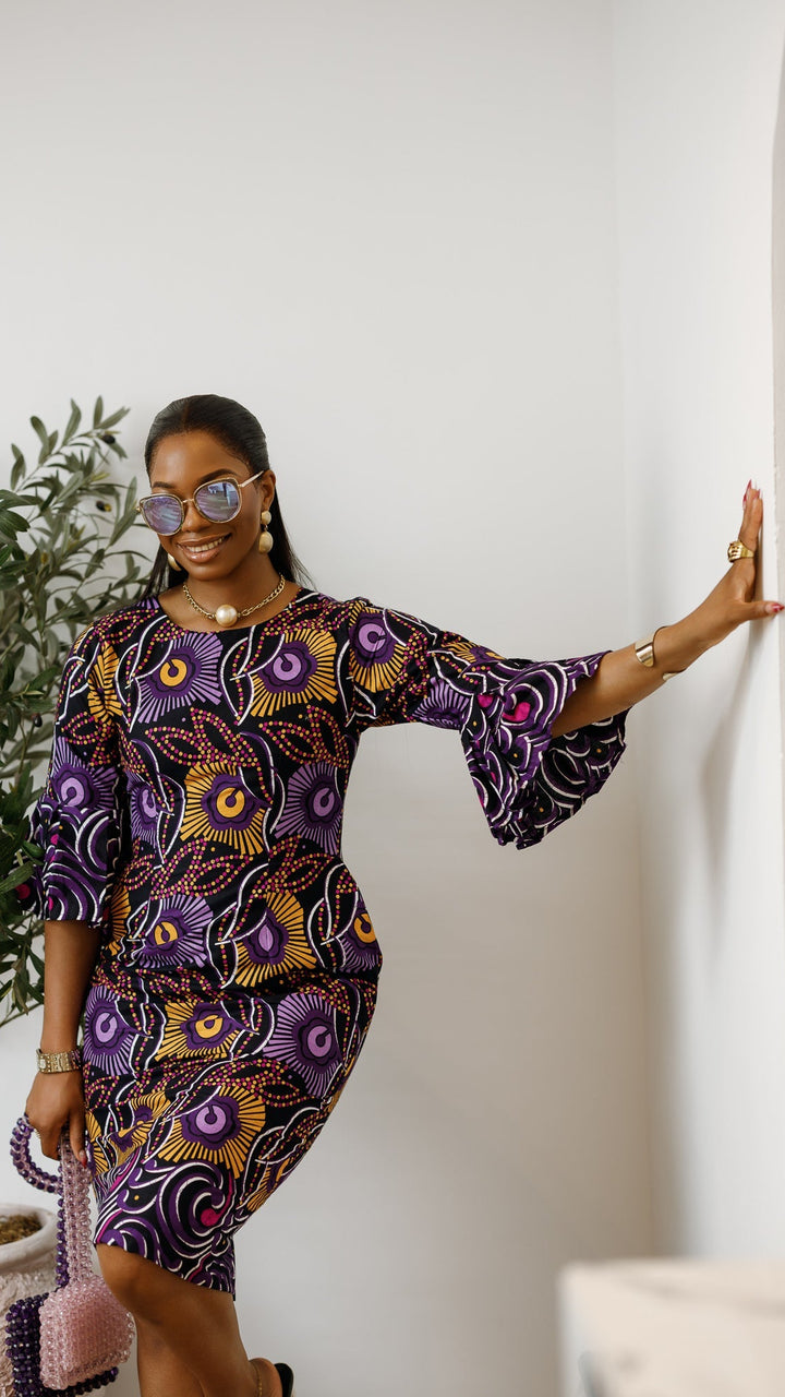 TASSI AFRICAN PRINT BELL SLEEVE MIDI DRESS [PURPLE]