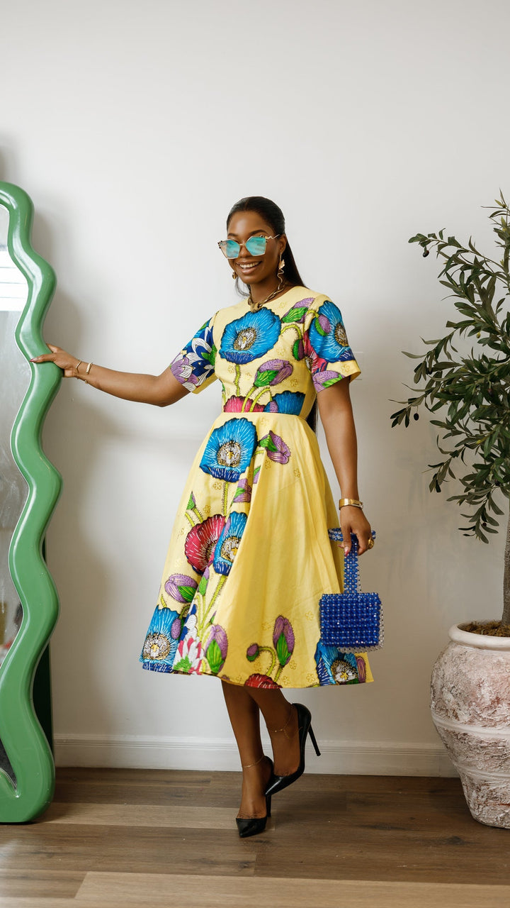 LOLADE AFRICAN PRINT FLORAL DRESS [YELLOW]