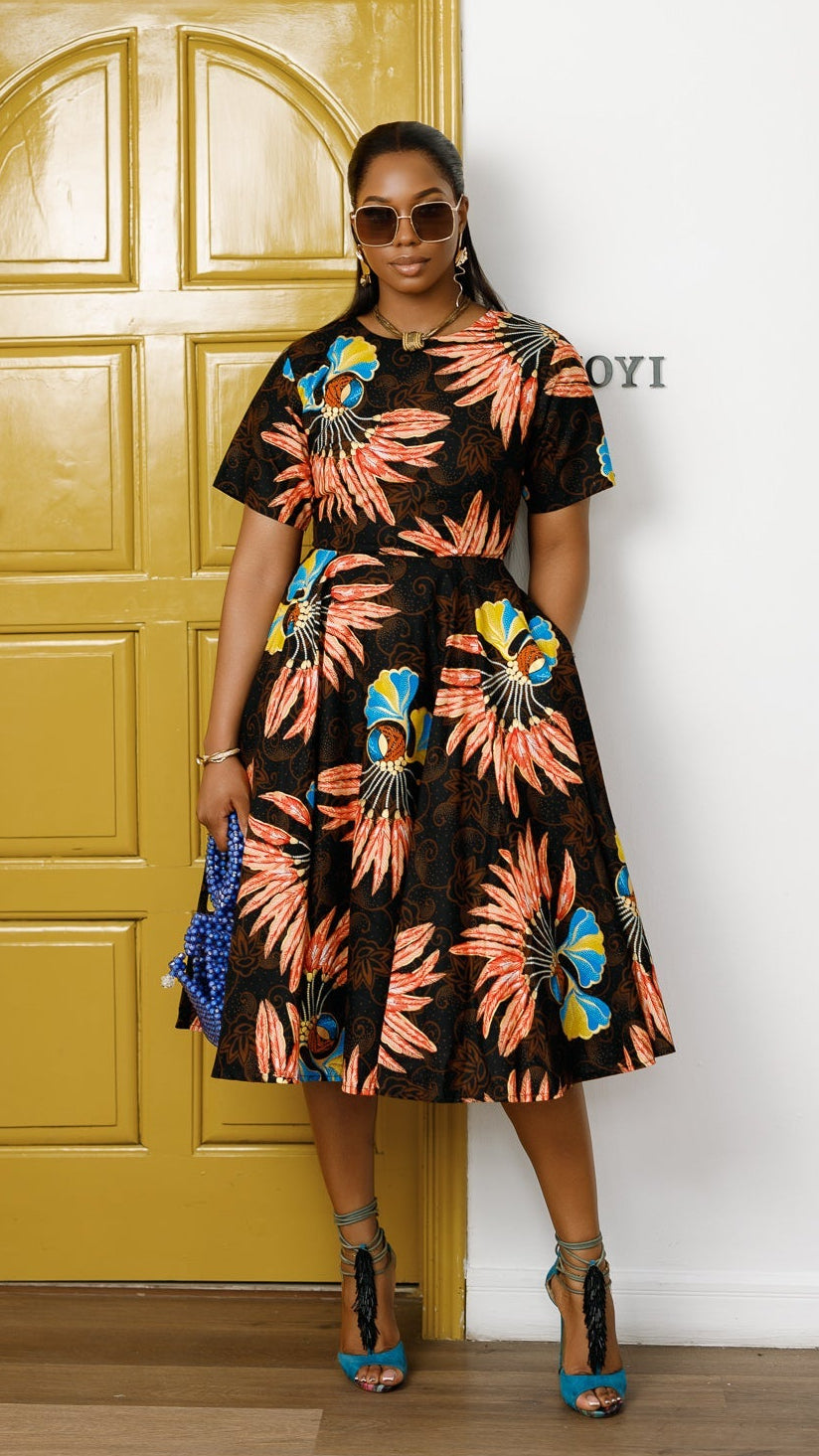 LOLADE AFRICAN PRINT FLORAL DRESS [BROWN]