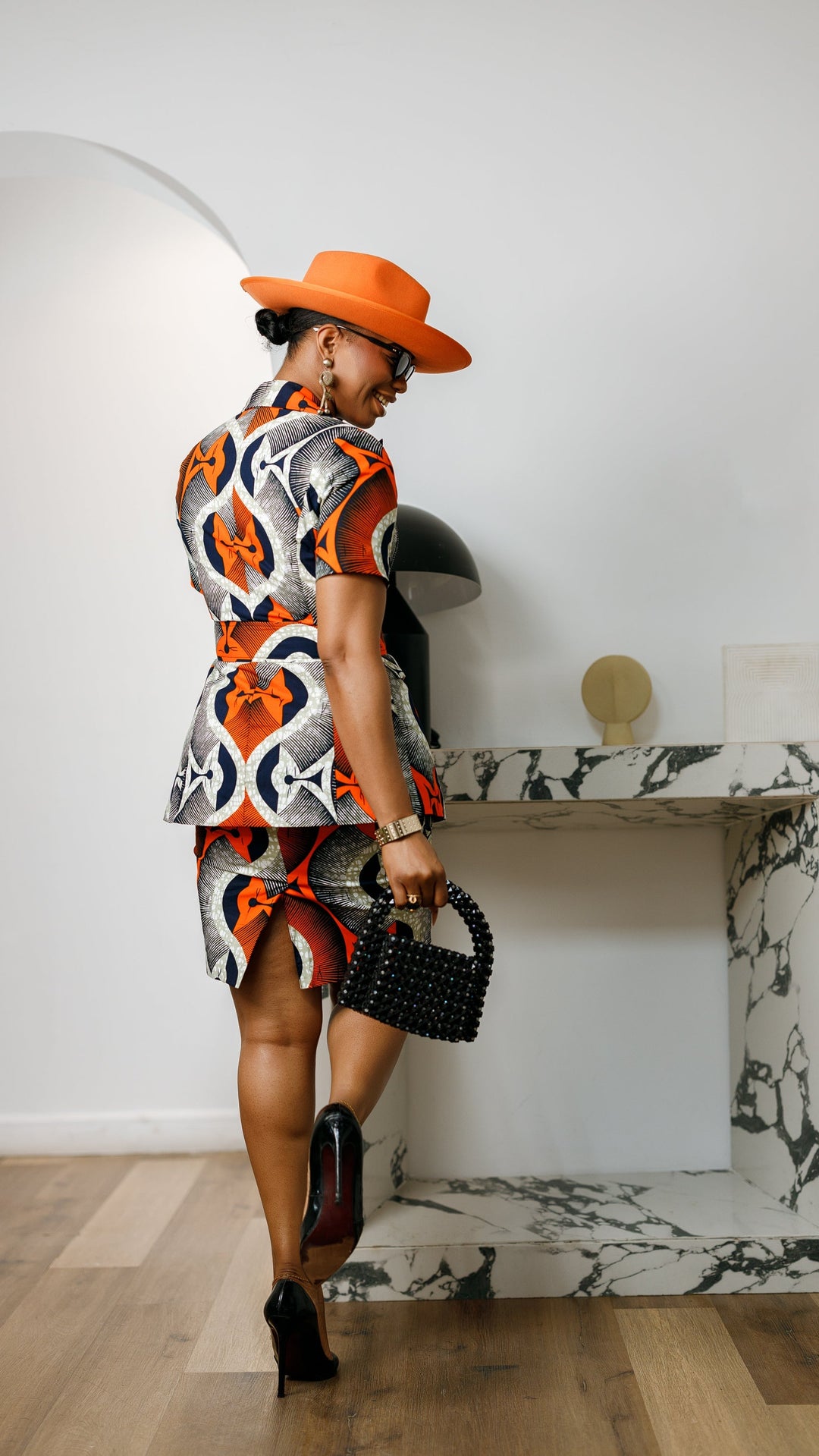NIFEMI AFRICAN PRINT SHORT SLEEVE SKIRT SUIT SET [ORANGE]