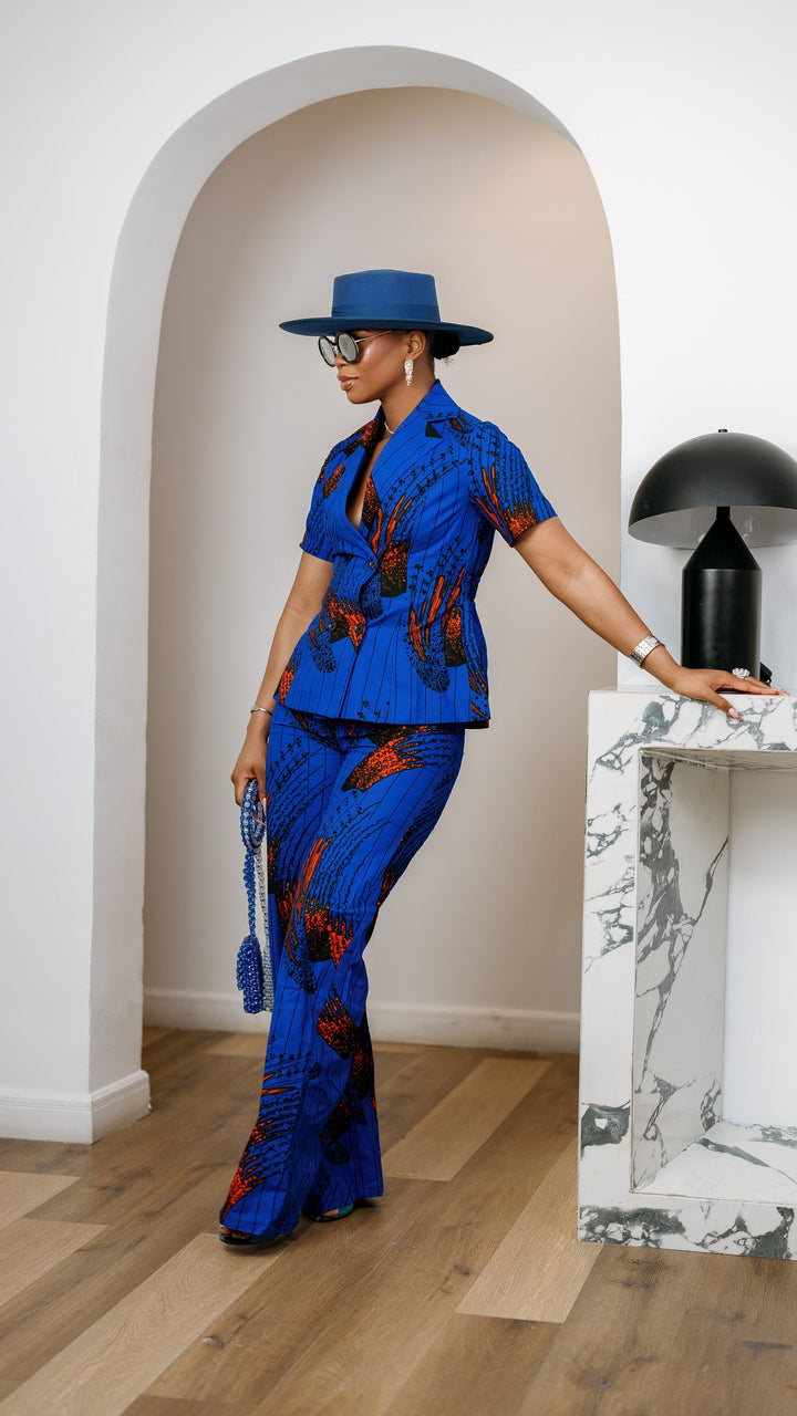 KIKI AFRICAN PRINT SHORT SLEEVE BLAZER PANT SET [BLUE]