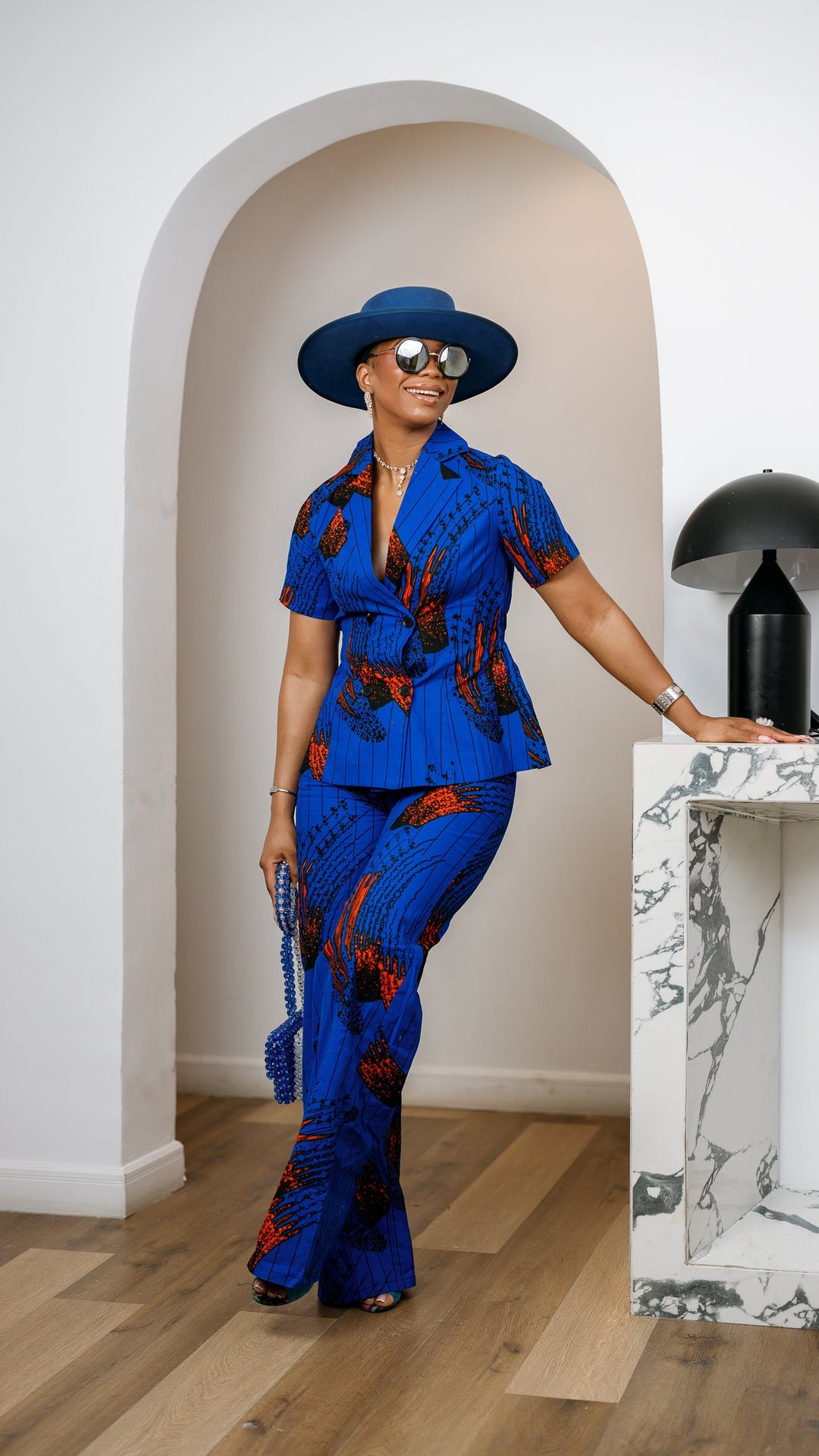 KIKI AFRICAN PRINT SHORT SLEEVE BLAZER PANT SET [BLUE]