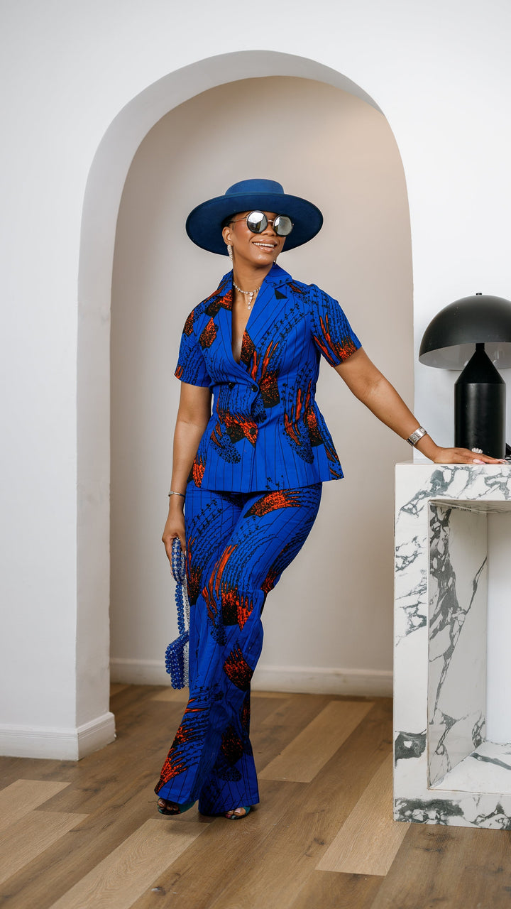 KIKI AFRICAN PRINT SHORT SLEEVE BLAZER PANT SET [BLUE]