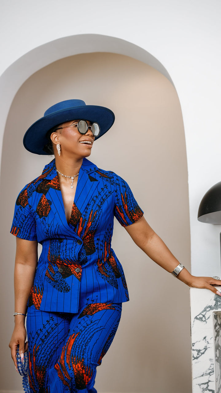 KIKI AFRICAN PRINT SHORT SLEEVE BLAZER PANT SET [BLUE]