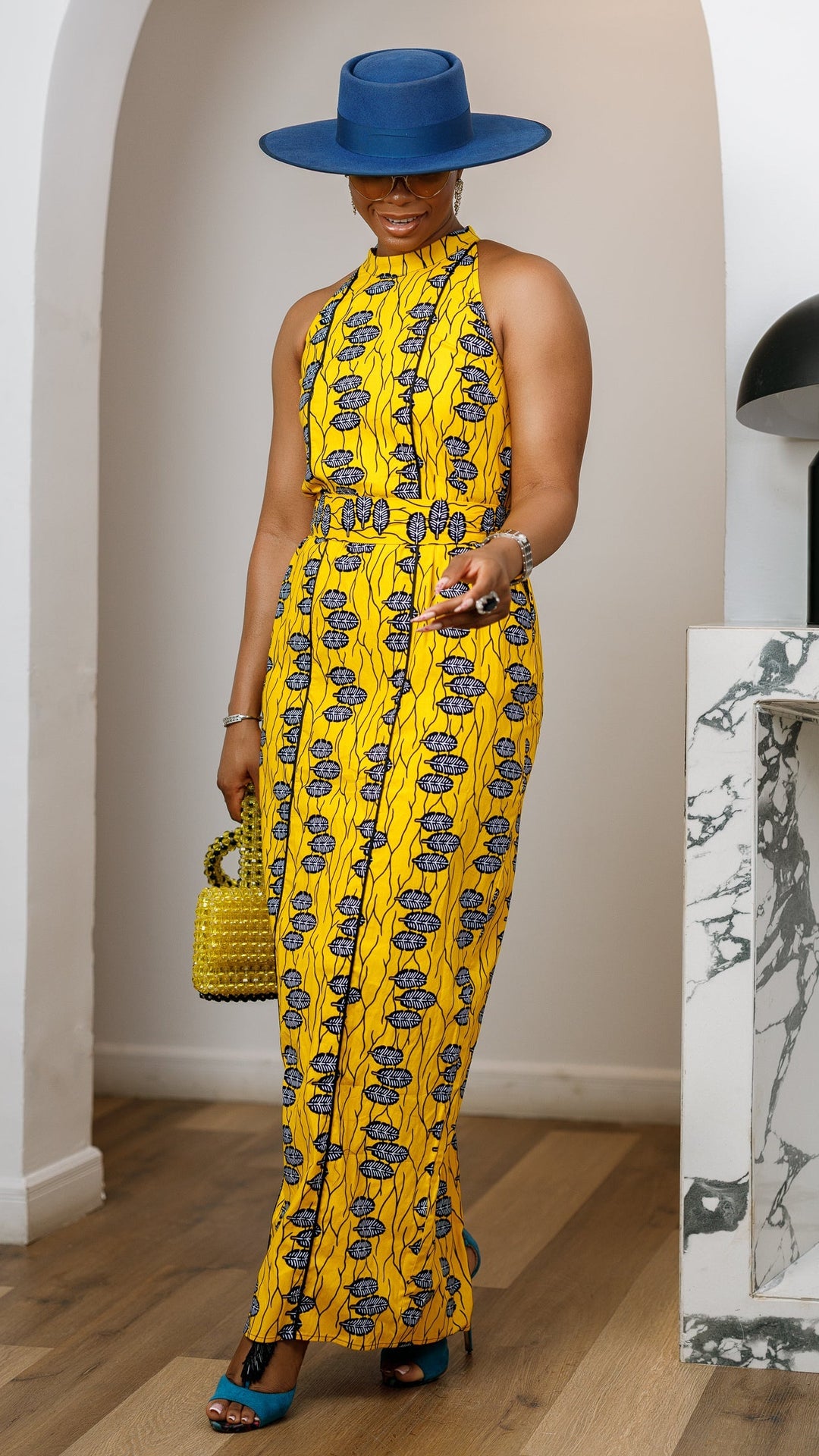 RONKE AFRICAN PRINT SLEEVELESS  MAXI DRESS [YELLOW]