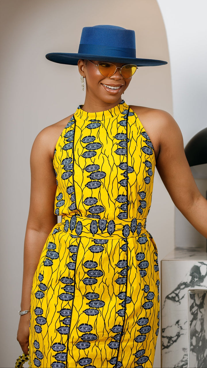 RONKE AFRICAN PRINT SLEEVELESS  MAXI DRESS [YELLOW]