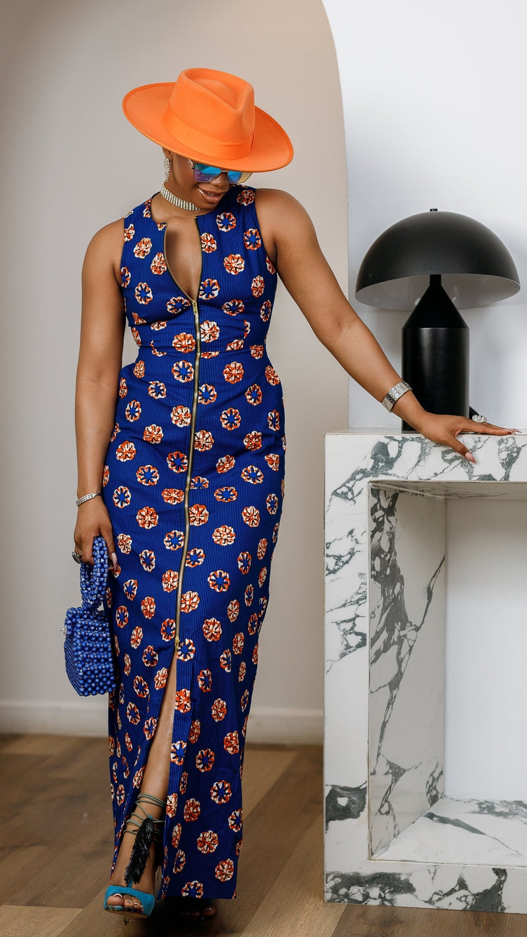 HALIMA AFRICAN PRINT MAXI FRONT ZIP DRESS [BLUE]