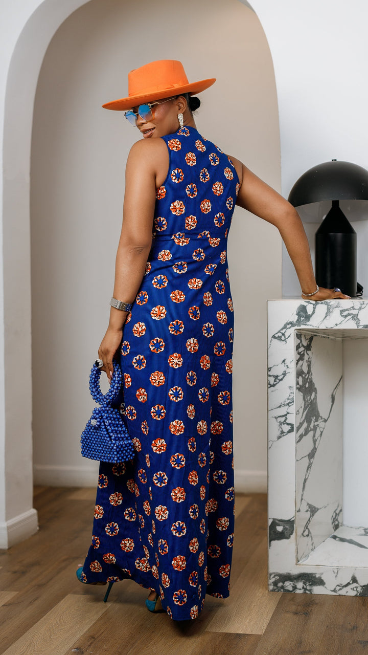HALIMA AFRICAN PRINT MAXI FRONT ZIP DRESS [BLUE]