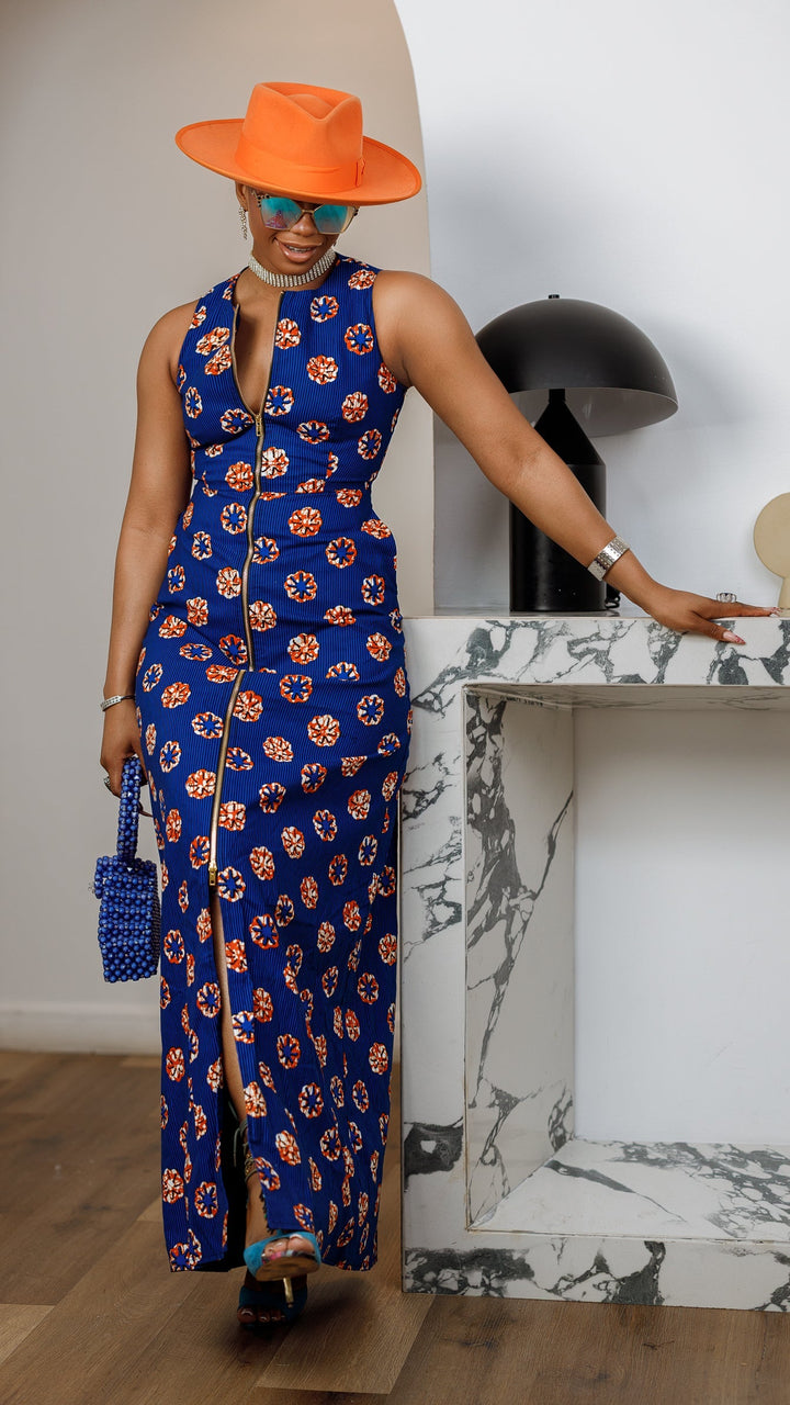 HALIMA AFRICAN PRINT MAXI FRONT ZIP DRESS [BLUE]