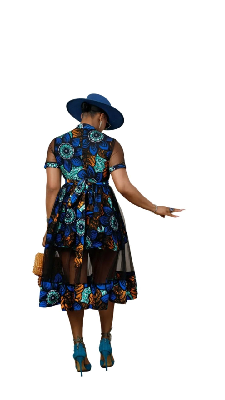 VALENTINA AFRICAN PRINT BUTTON MESH DRESS [BLUE] - Especially Yours