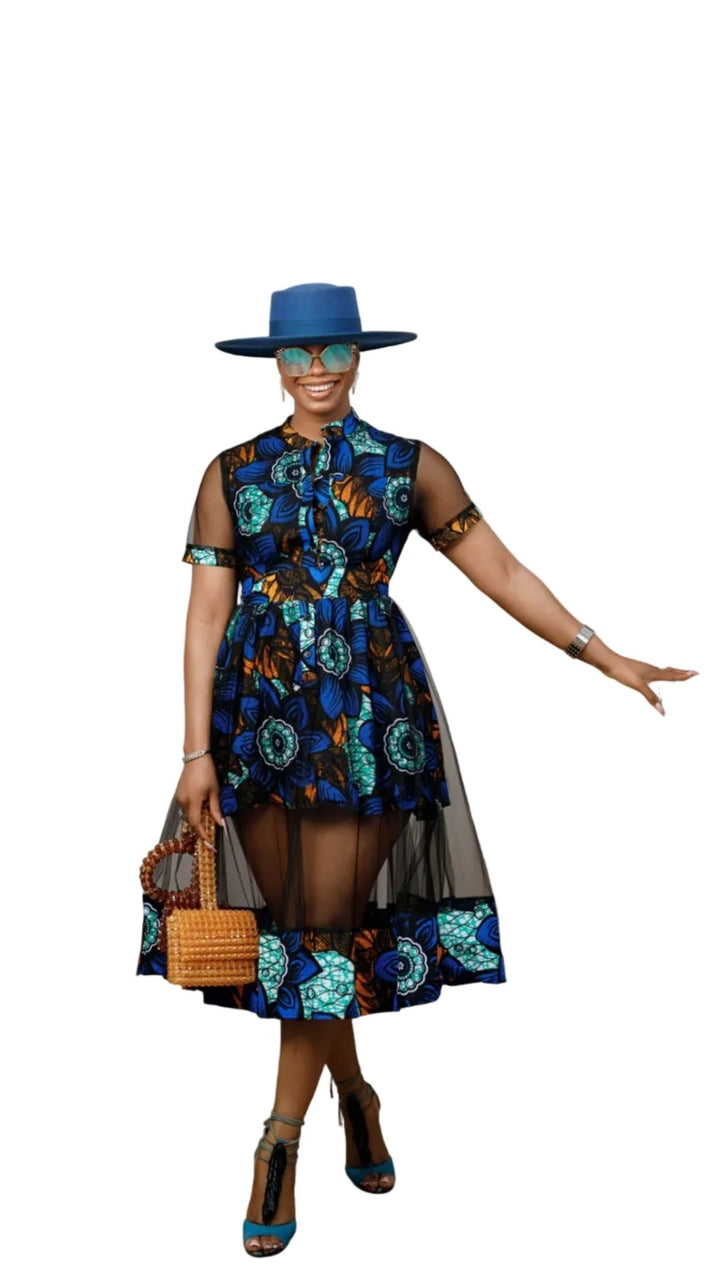 VALENTINA AFRICAN PRINT BUTTON MESH DRESS [BLUE] - Especially Yours