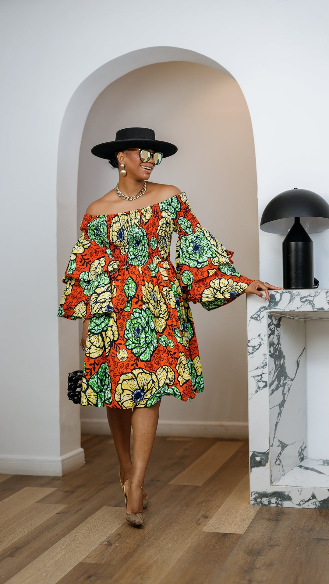 BISI AFRICAN PRINT SMOCKED OFF SHOULDER MIDI DRESS [ORANGE]