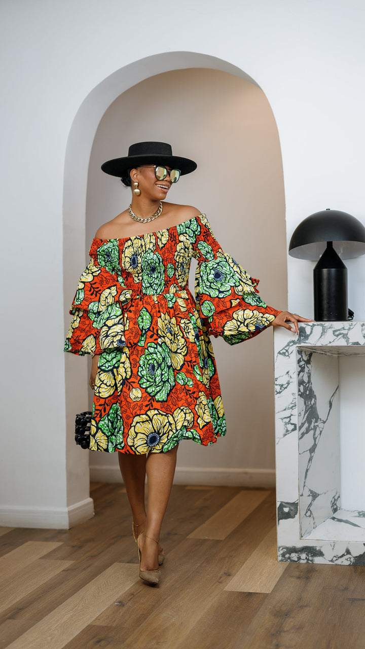 BISI AFRICAN PRINT SMOCKED OFF SHOULDER MIDI DRESS [ORANGE]