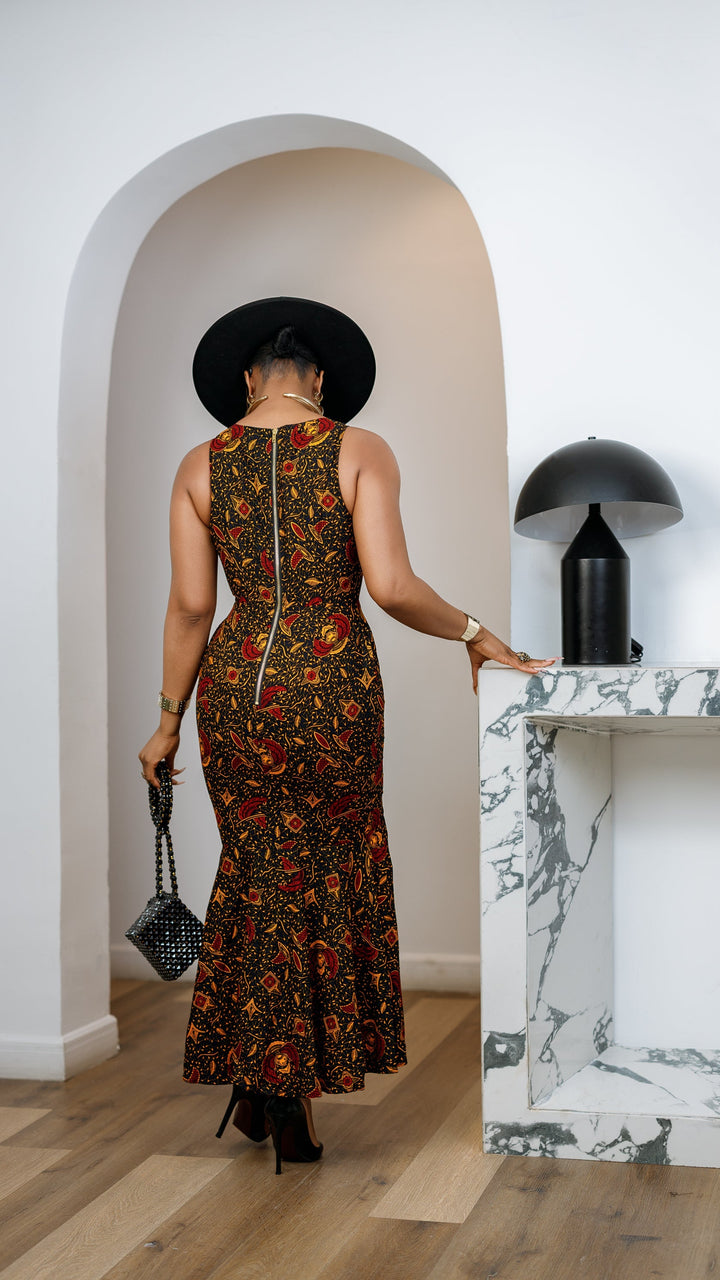 EYI AFRICAN PRINT SLEEVELESS SCOOP NECK MIDI DRESS