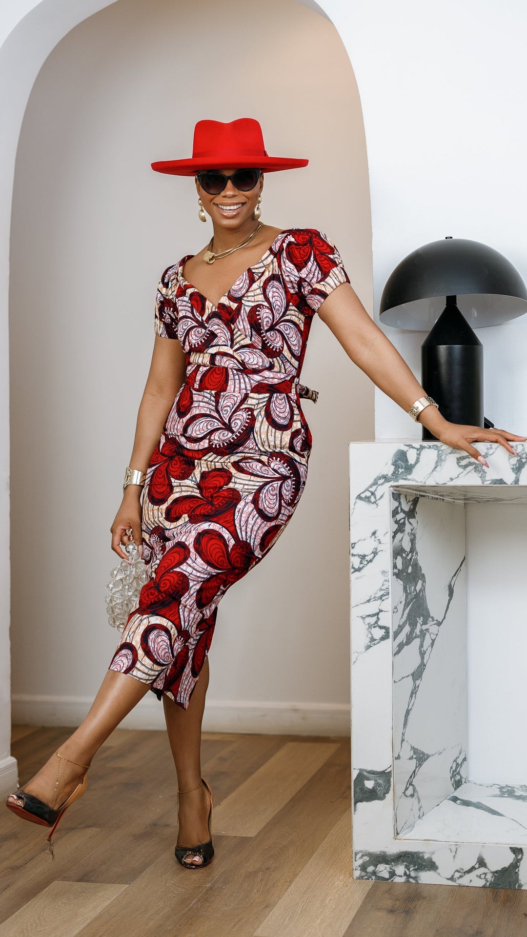 IDIA AFRICAN PRINT V-NECK PUFF SLEEVE MIDI DRESS [RED]