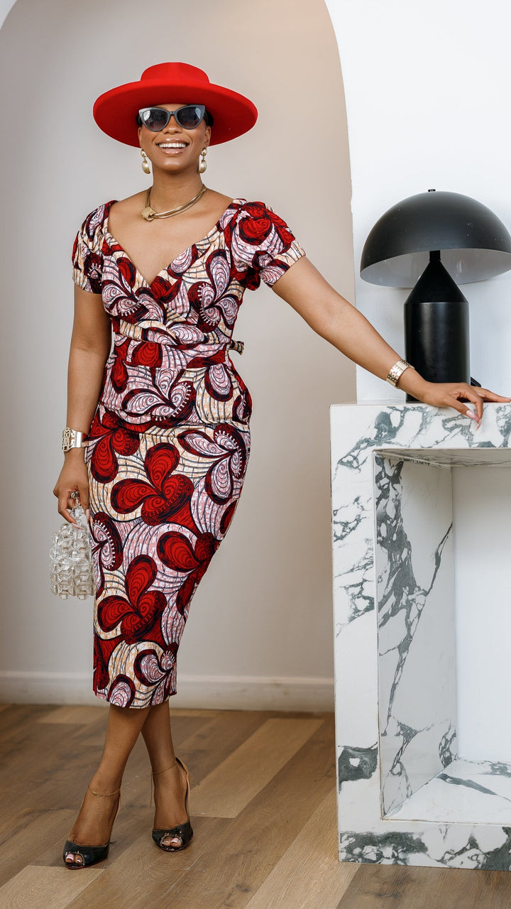 IDIA AFRICAN PRINT V-NECK PUFF SLEEVE MIDI DRESS [RED]