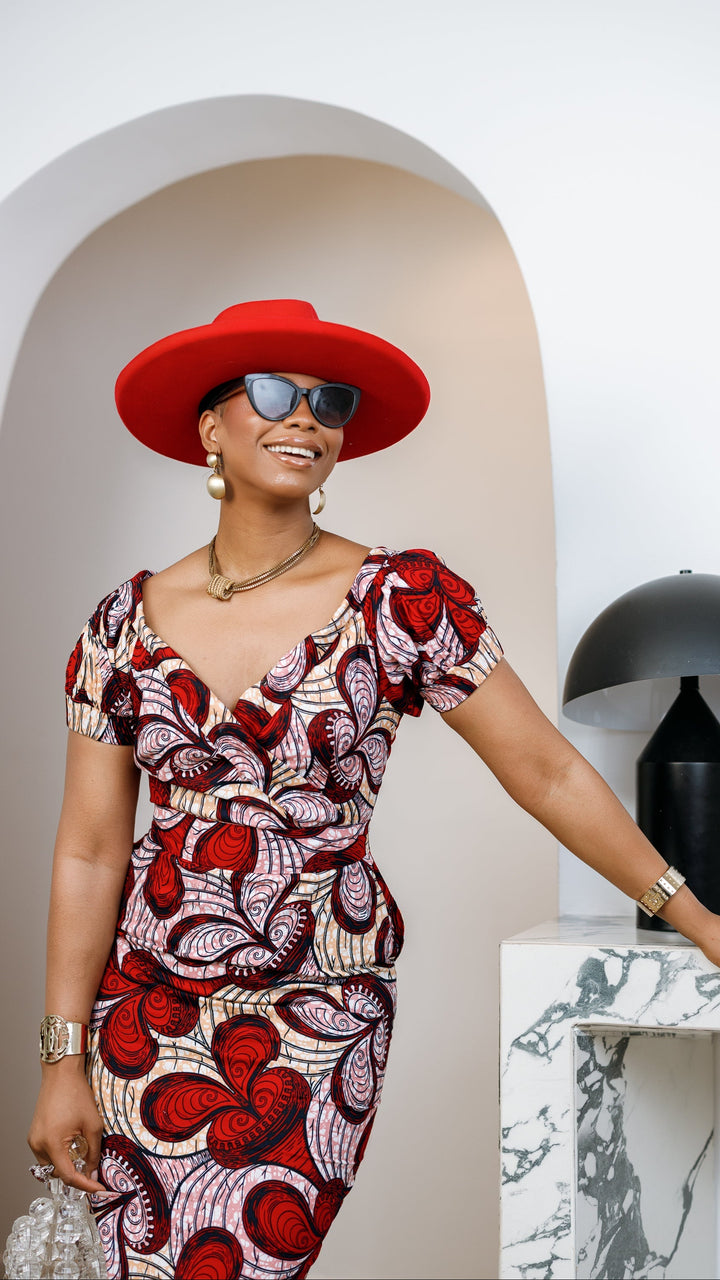 IDIA AFRICAN PRINT V-NECK PUFF SLEEVE MIDI DRESS [RED]