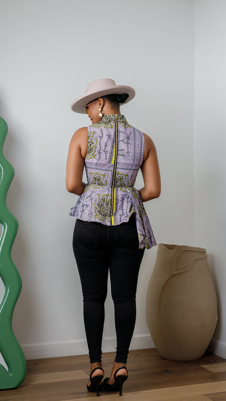 MEENA AFRICAN PRINT ASYMMETRIC TOP [PURPLE]