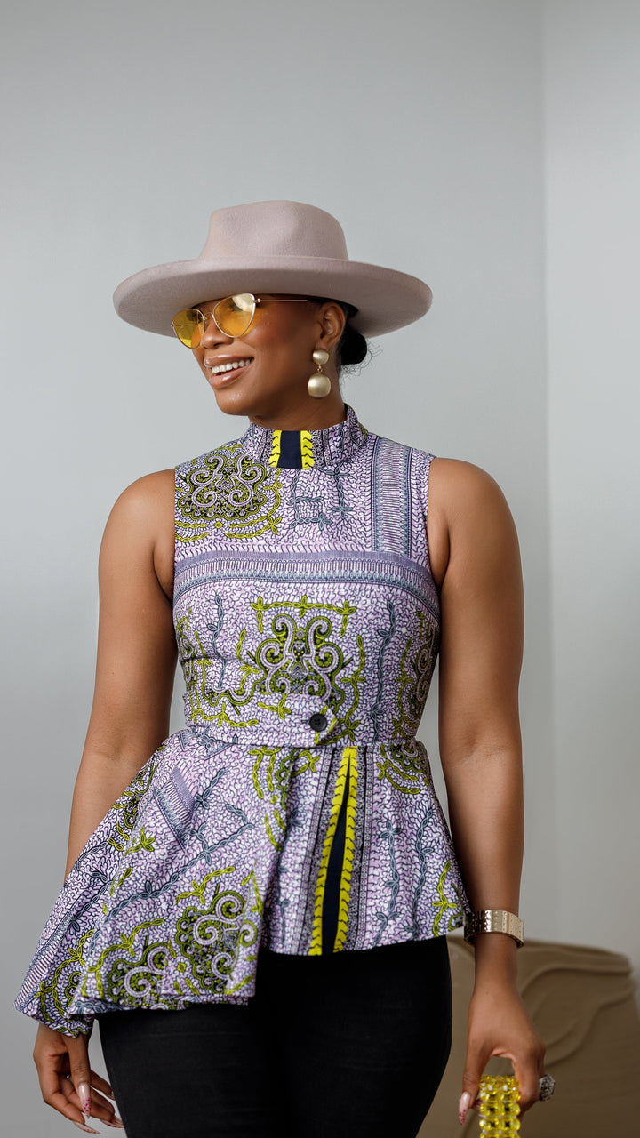 MEENA AFRICAN PRINT ASYMMETRIC TOP [PURPLE]