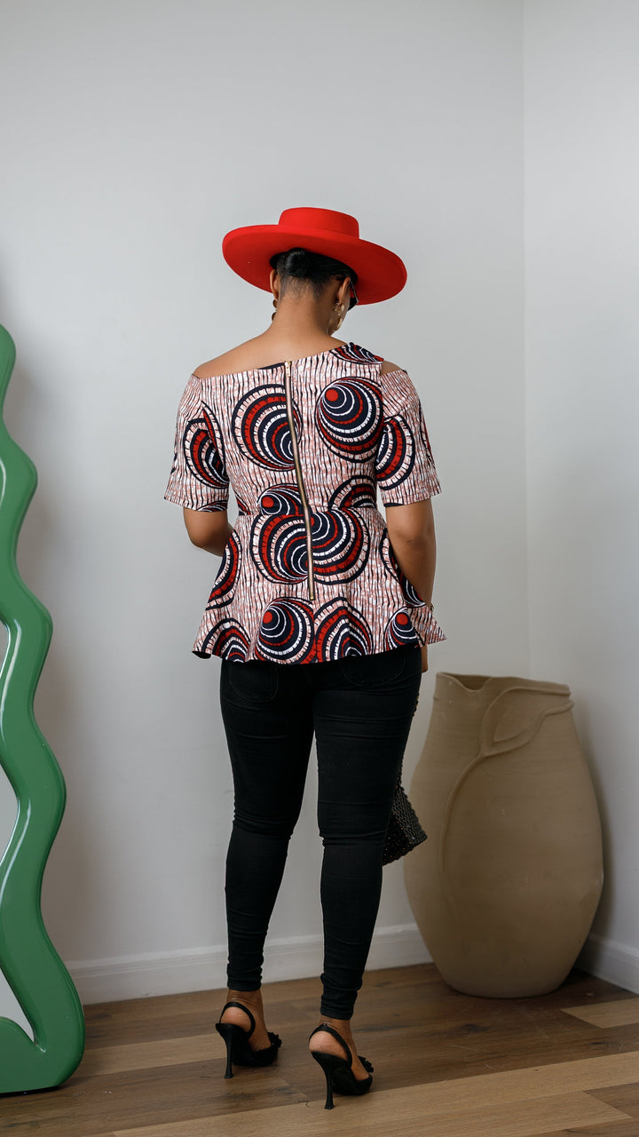 IMARA AFRICAN PRINT ASYMMETRIC PEPLUM TOP [MULTICOLOR]