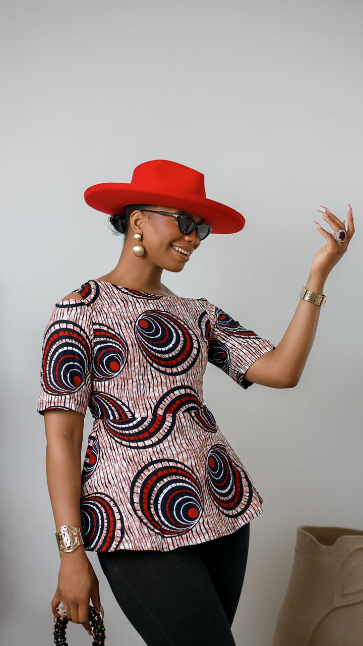 IMARA AFRICAN PRINT ASYMMETRIC PEPLUM TOP [MULTICOLOR]