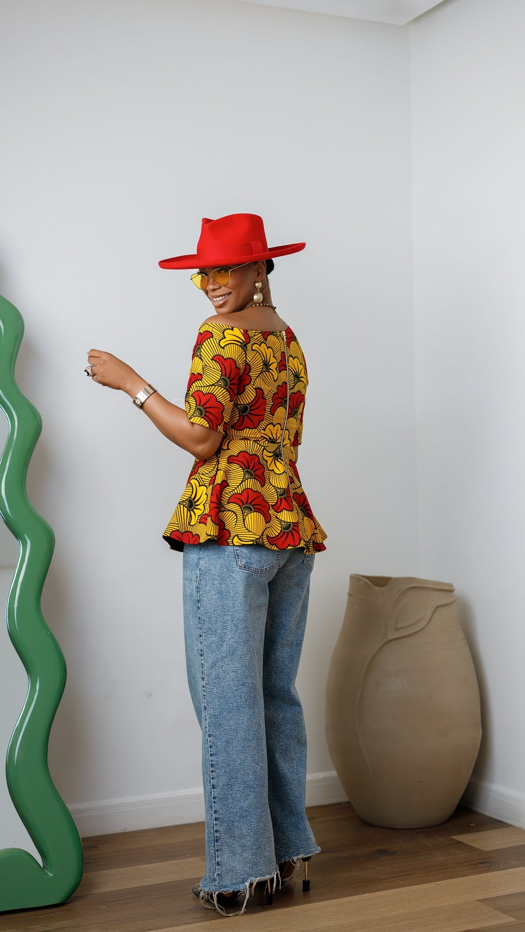 IMARA AFRICAN PRINT ASYMMETRIC PEPLUM TOP [ORANGE]