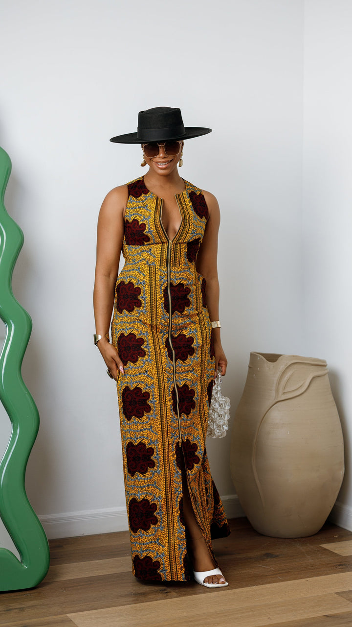 HALIMA AFRICAN PRINT MAXI FRONT ZIP DRESS [YELLOW]