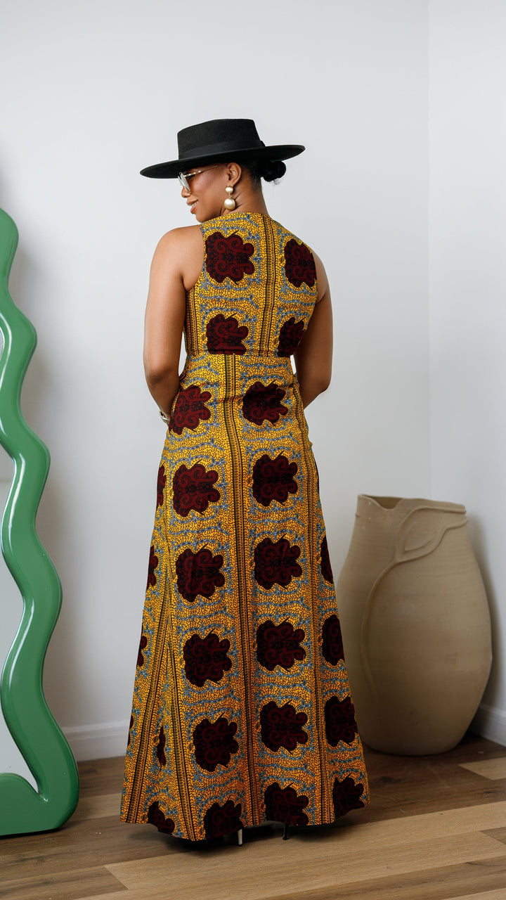 HALIMA AFRICAN PRINT MAXI FRONT ZIP DRESS [YELLOW]