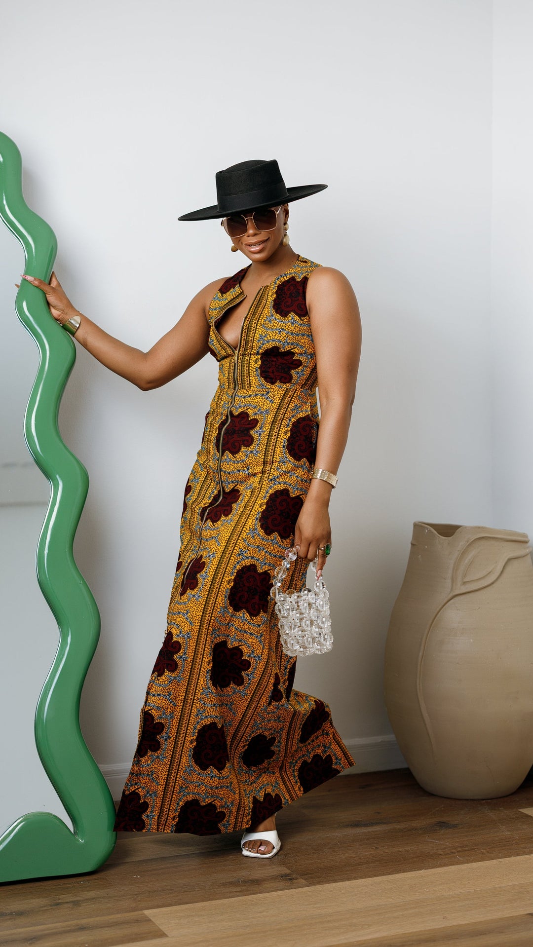 HALIMA AFRICAN PRINT MAXI FRONT ZIP DRESS [YELLOW]