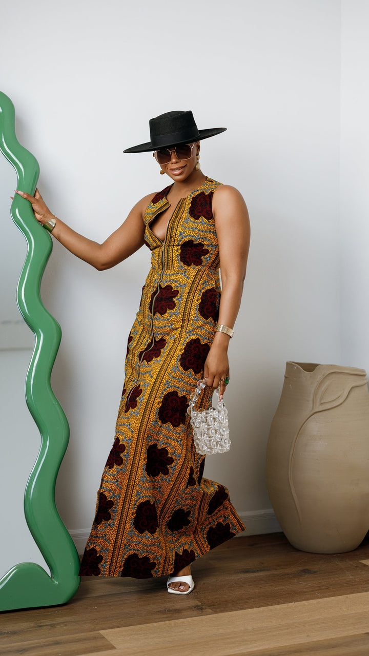 HALIMA AFRICAN PRINT MAXI FRONT ZIP DRESS [YELLOW]